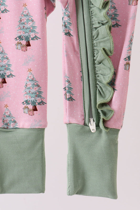 Pink christmas tree bamboo ruffle zipper romper