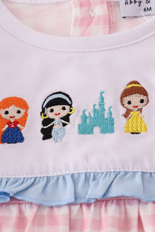 Pink princess castle embroidery gingham bubble