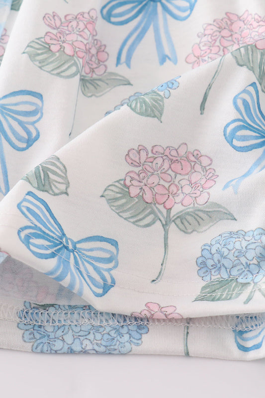 Blue hydrangea bow print ruffle bloomer set