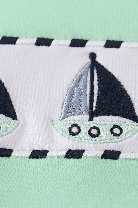 Green seersucker sailboat embroidery top