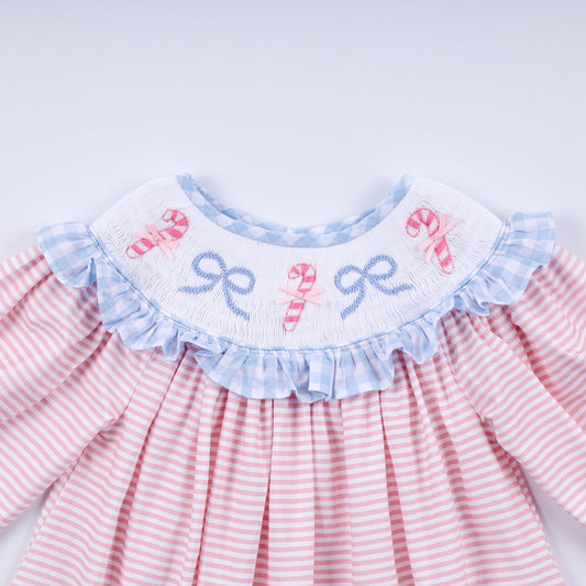 Pink candy cane bow hand smocked ruffle dress