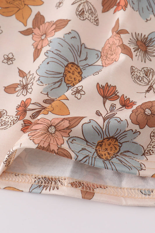 Khaki deer embroidery floral dress