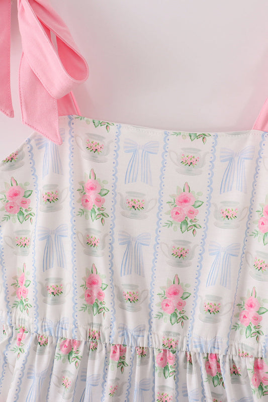 Tea floral bow ruffle women dress