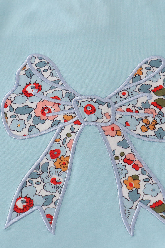 Blue floral bow applique active skorts set