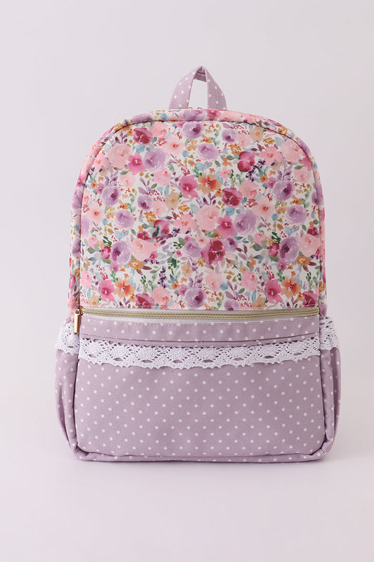 Purple floral print canvas ruffle backpack