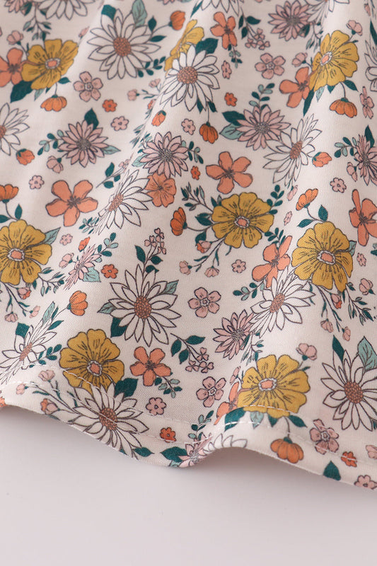 Floral embroidery smocked ruffle pants set