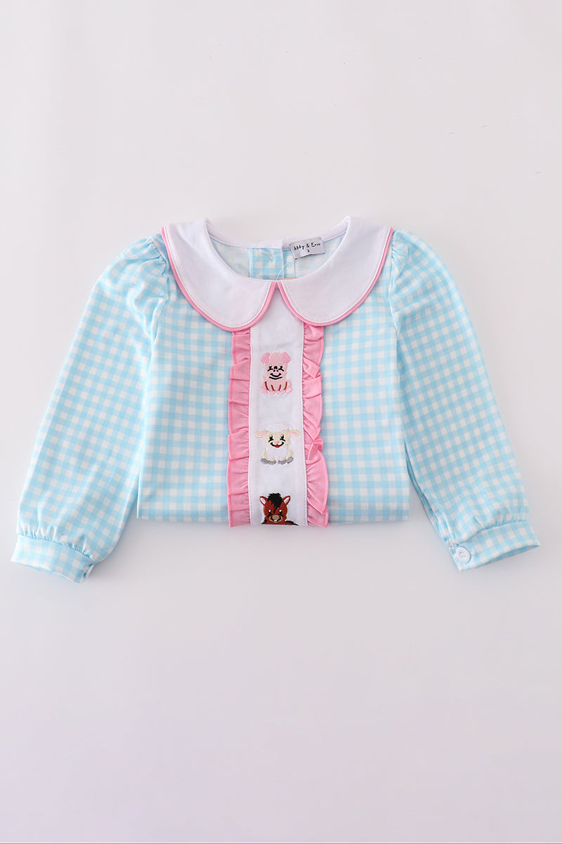 Blue farm embroidery gingham ruffle pants set