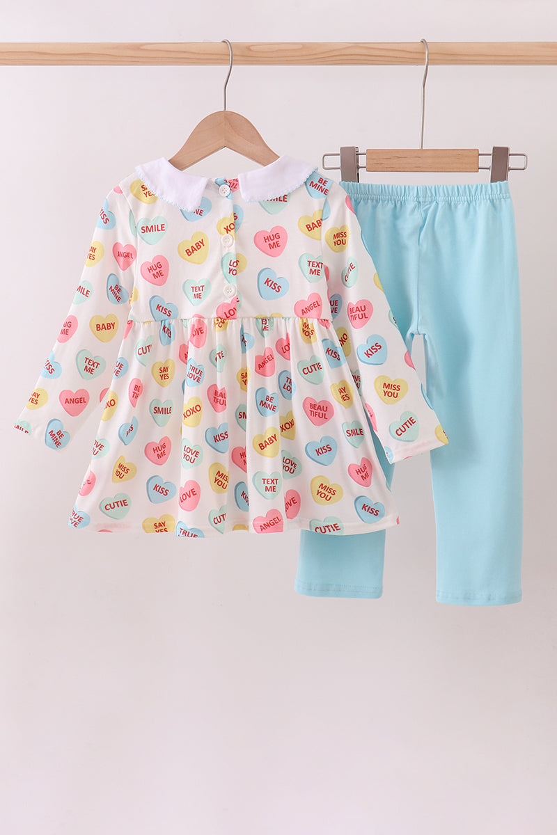 Blue heart print pocket pants set