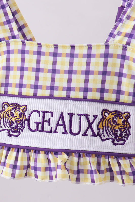 Purple LSU GEAUX smocked 2pc swimsuit