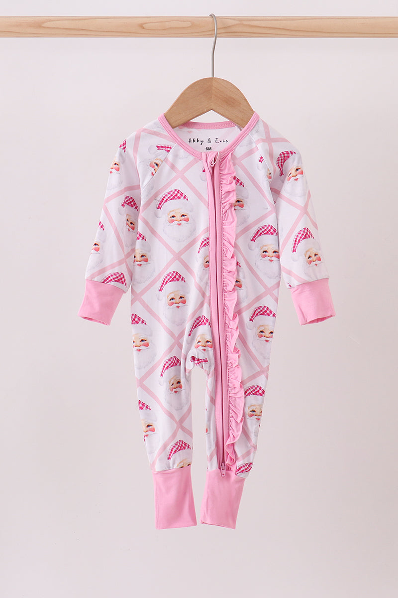 Pink santa claus bamboo ruffle zipper romper