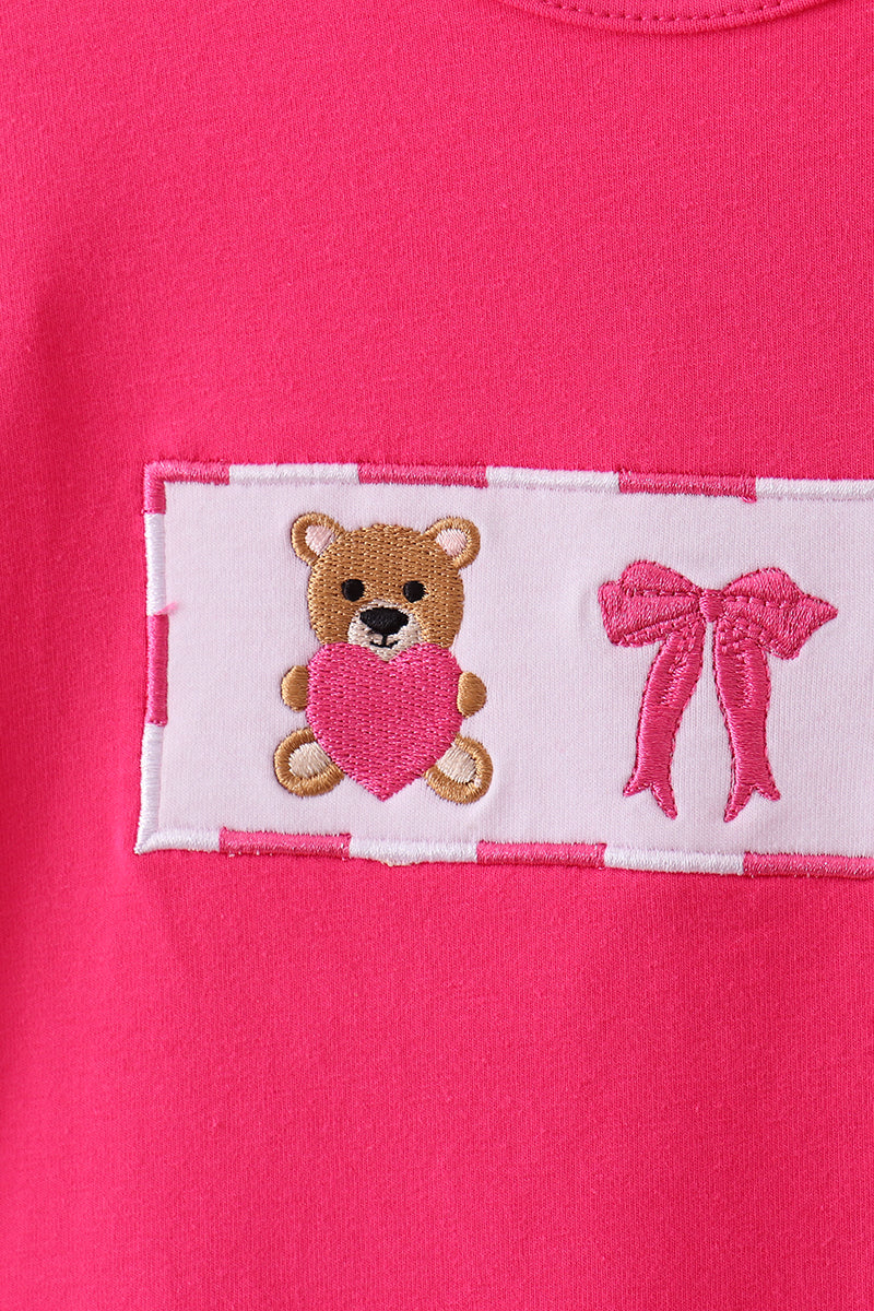 Pink bear embroidery ruffle pants set