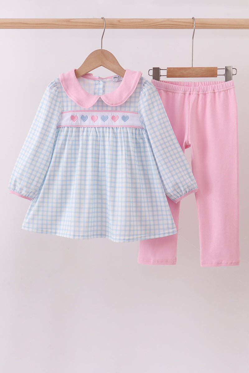 Blue heart embroidery gingham pants set