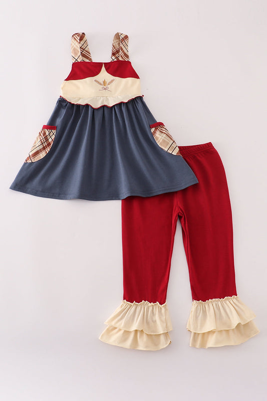 Wheat embridery ruffle pants set