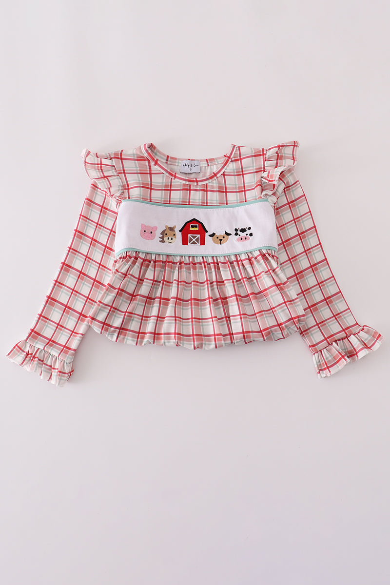 Red plaid farm embroidery ruffle pants set