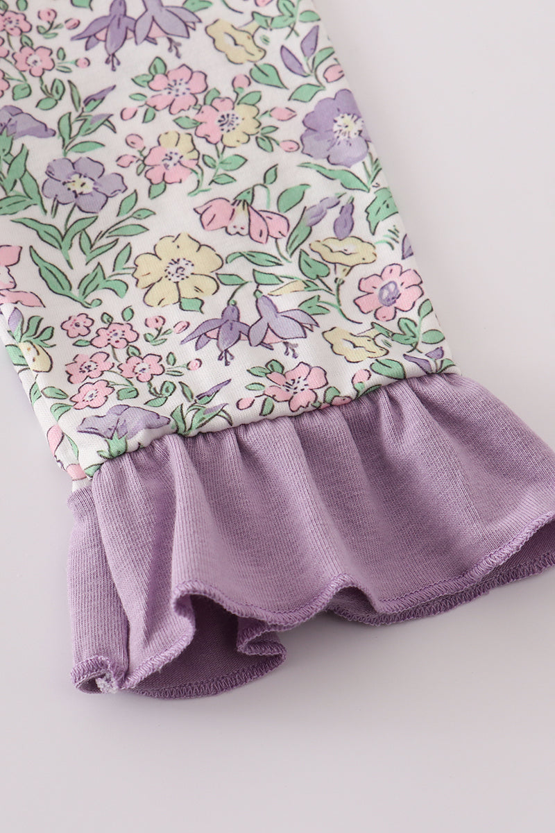 Purple floral print ruffle dress