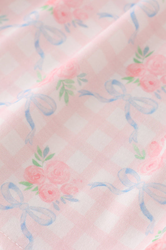 Pink floral print ruffle bow pants set