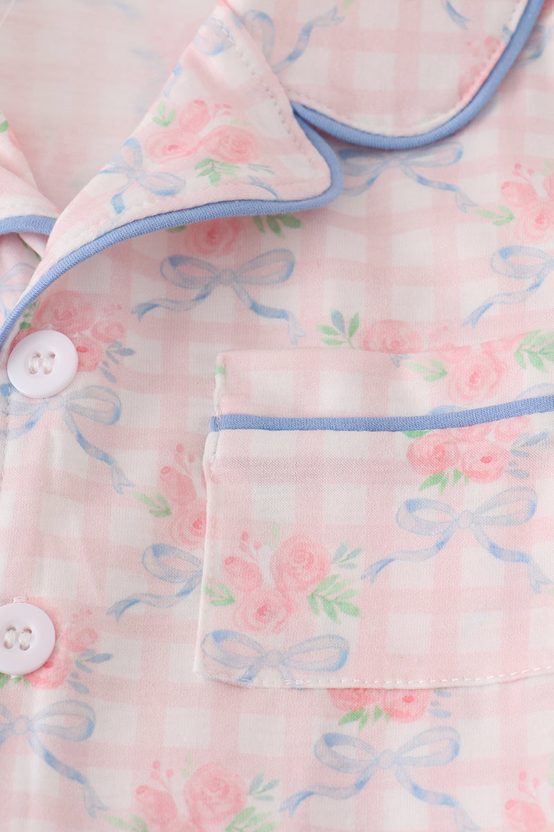 Pink floral print ruffle pajamas set