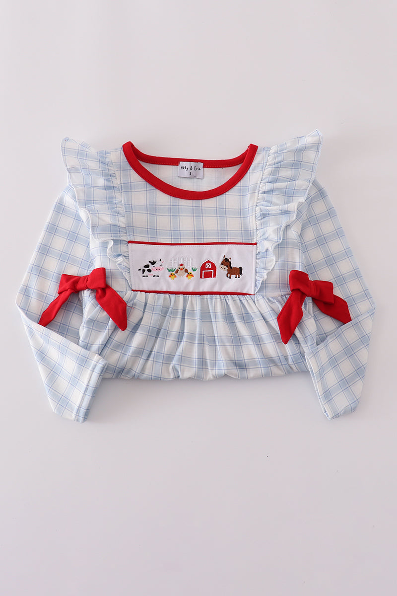 Blue farm embroidery plaid ruffle bubble