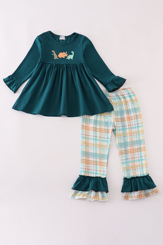 Blue dinosaur embroidery plaid ruffle pants set