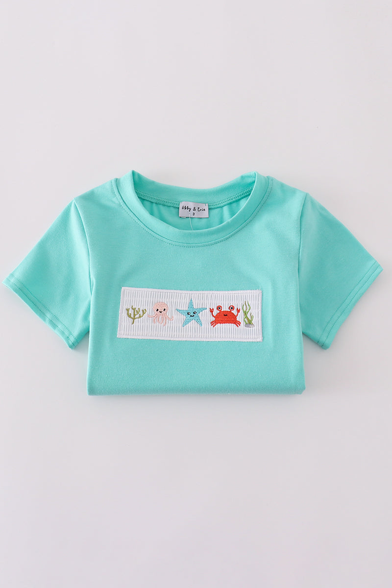 Blue marine creature embroidery smocked top