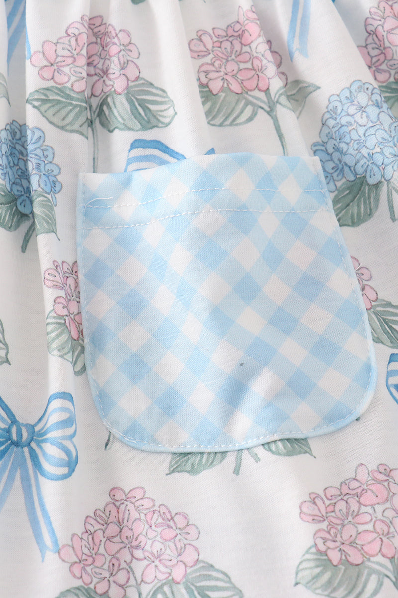 Blue hydrangea bow print ruffle bloomer set