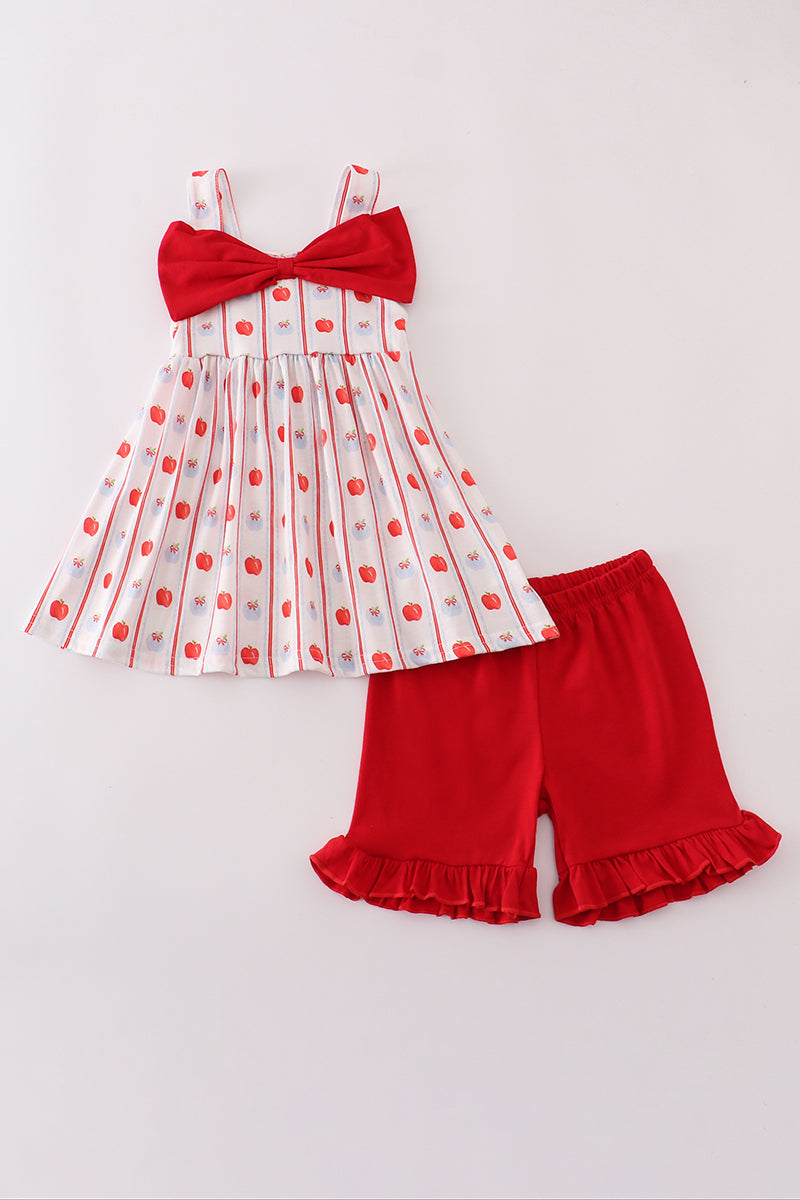 Red apple bow ruffle shorts set