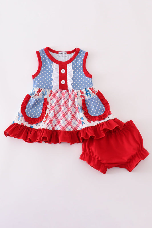 Blue bow print ruffle bloomer set