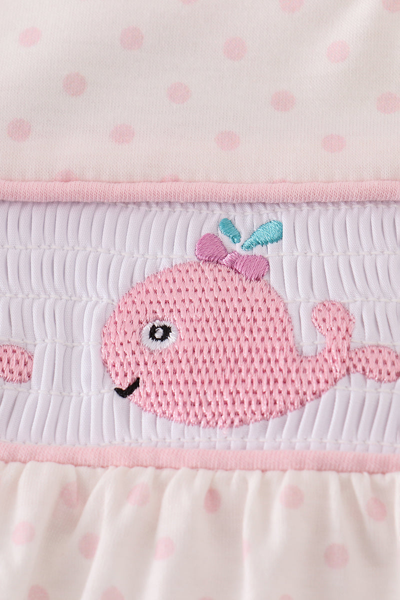 Pink whale embroidery smocked ruffle shorts set