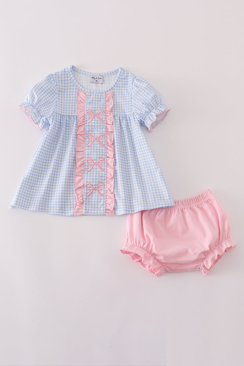 Blue bow embroidery gingham ruffle bloomer set