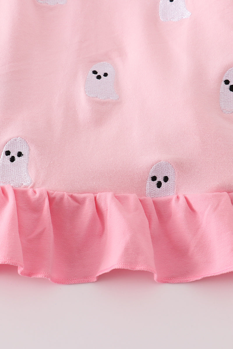 Pink ghost embroidery ruffle dress