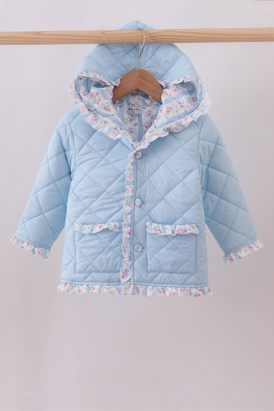 Blue floral print ruffle quilted jacket