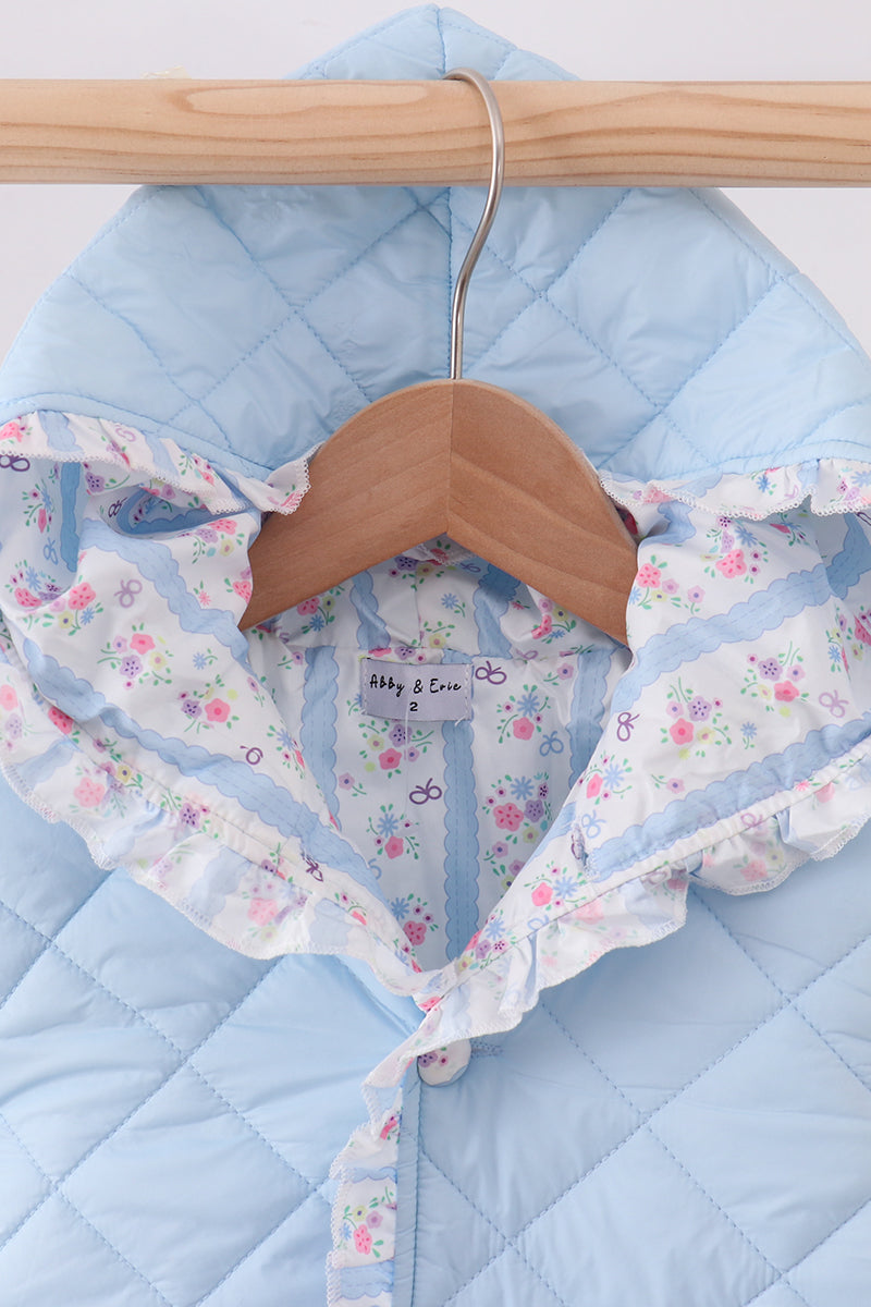 Blue floral print ruffle quilted jacket