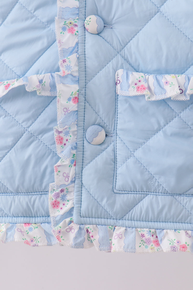 Blue floral print ruffle quilted jacket