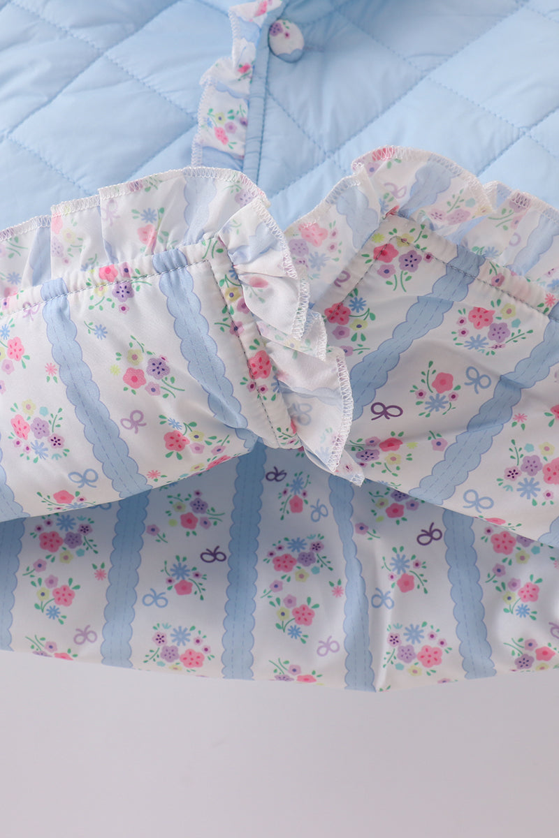 Blue floral print ruffle quilted jacket