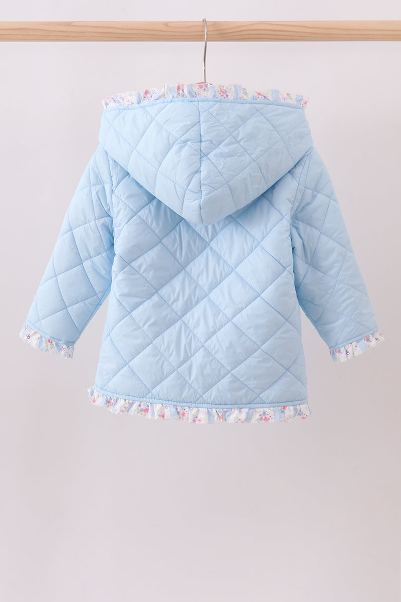Blue floral print ruffle quilted jacket