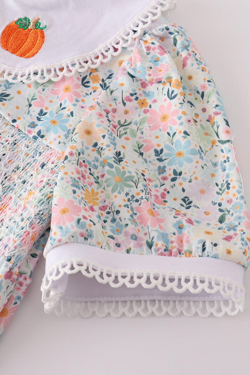 Green floral pumpkin embroidery smocked bloomer set