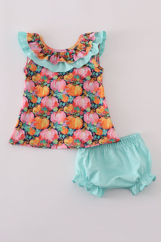 Pink pumpkin print ruffle bloomer set