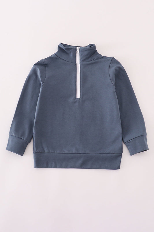 Navy character embroidery zip pull over