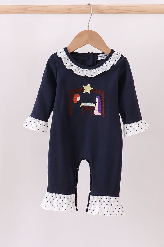 Navy nativity embroidery ruffle romper