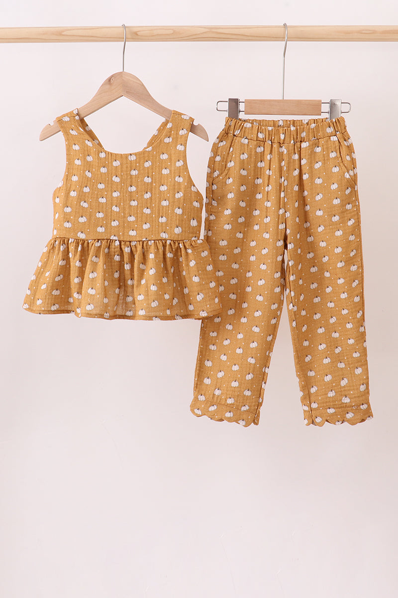 Premium pumpkin print muslin pants set