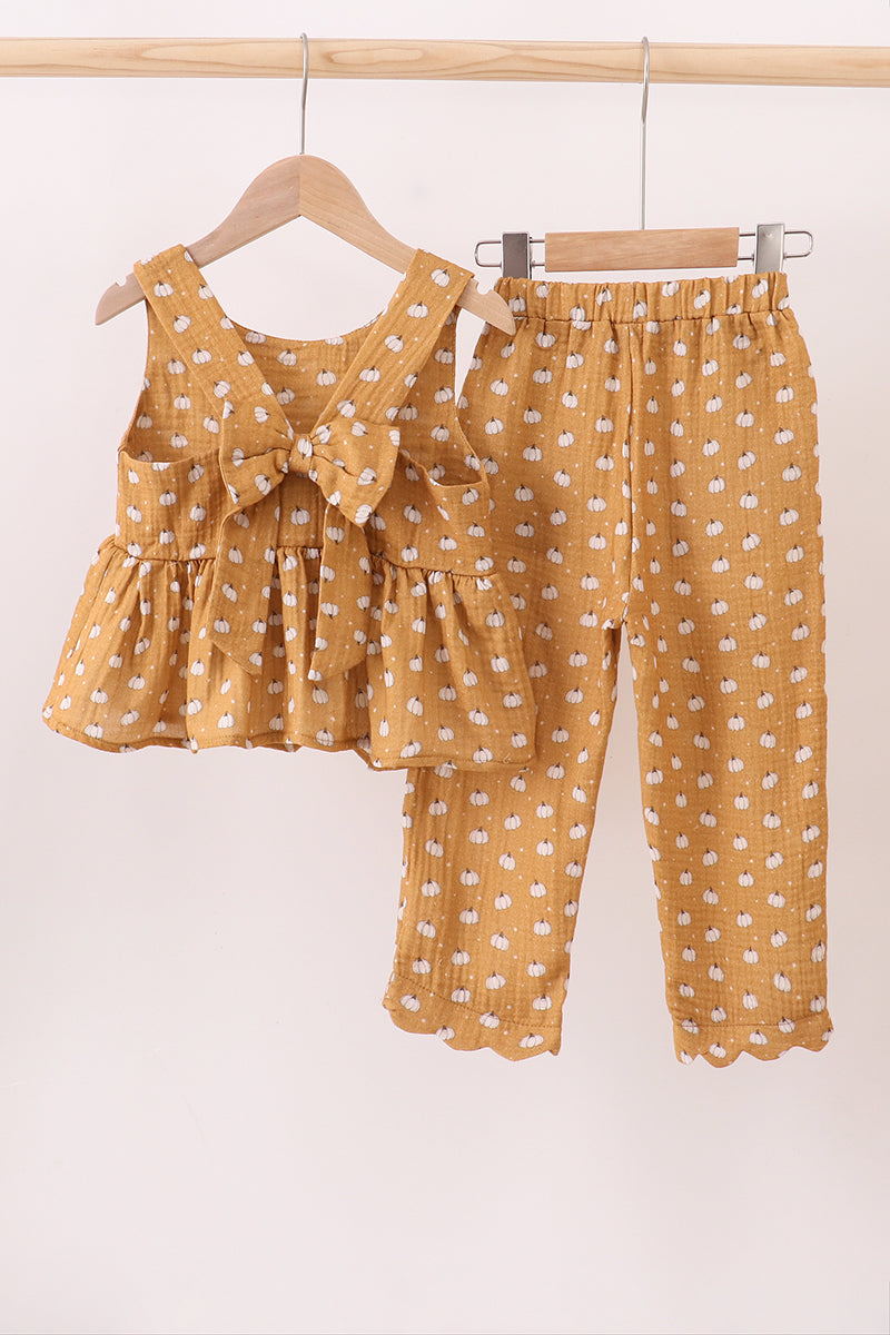 Premium pumpkin print muslin pants set