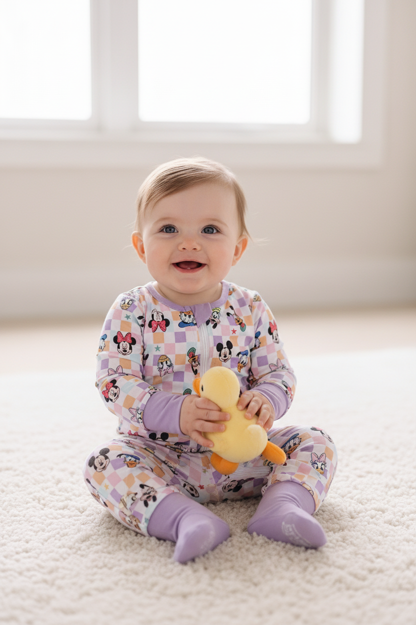 Premium purple character print checkered bamboo romper