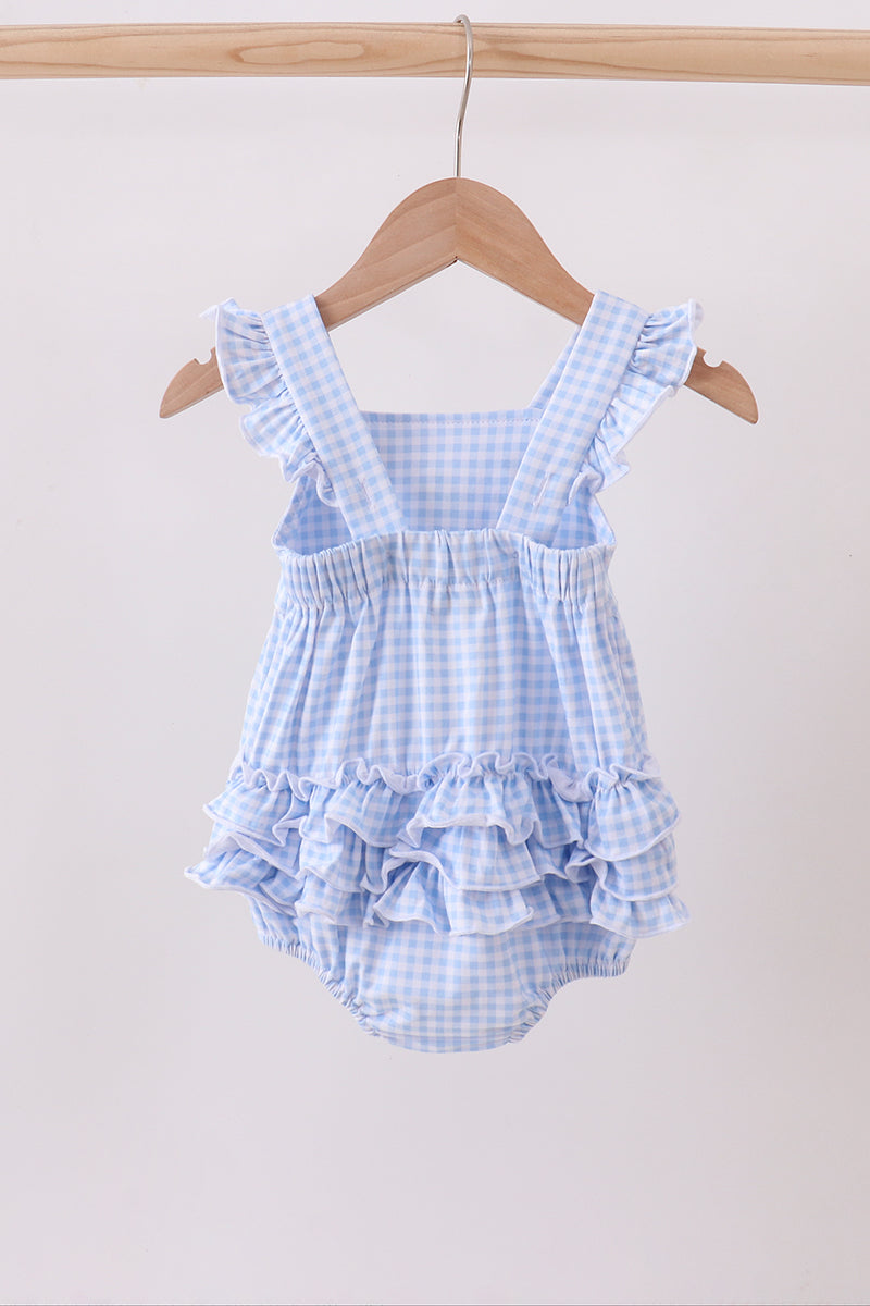 Premium blue snowman embroidery gingham ruffle bubble