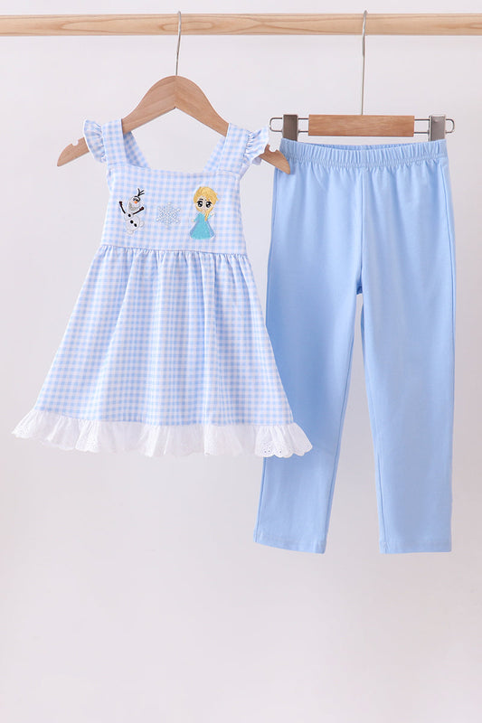 Premium blue snowman embroidery gingham ruffle pants set