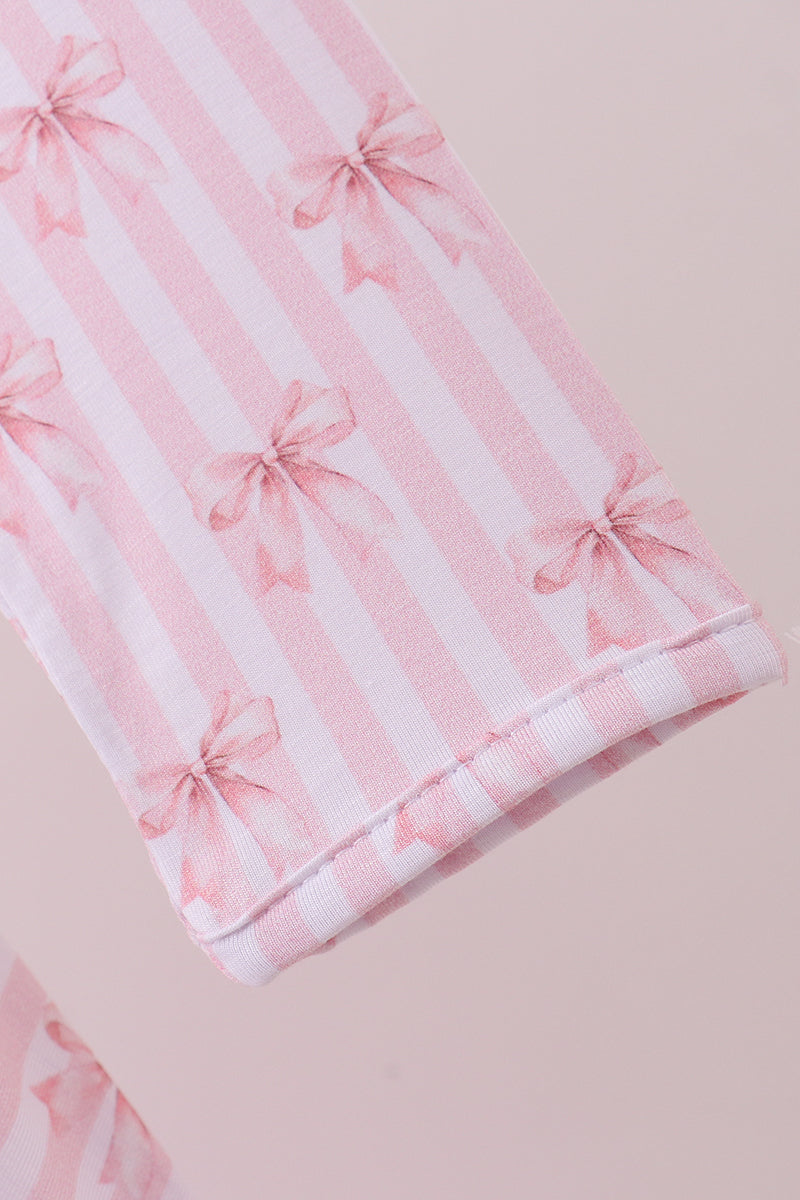 Premium blush bow stripe print ruffle bamboo dress