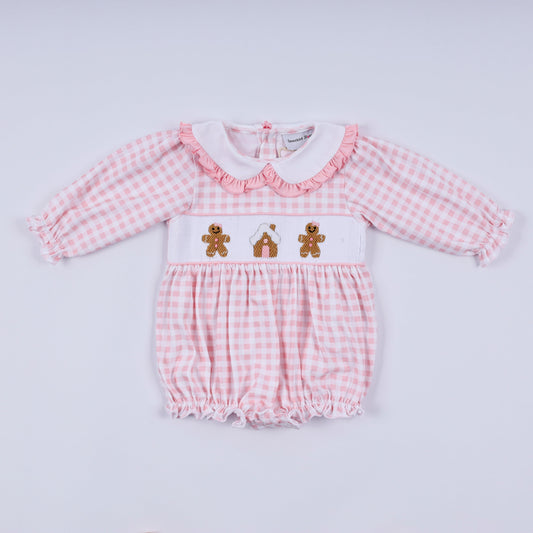 Pink gingerbread hand smocked gingham ruffle bubble