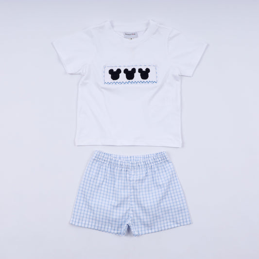 Blue character hand smocked gingham shorts set