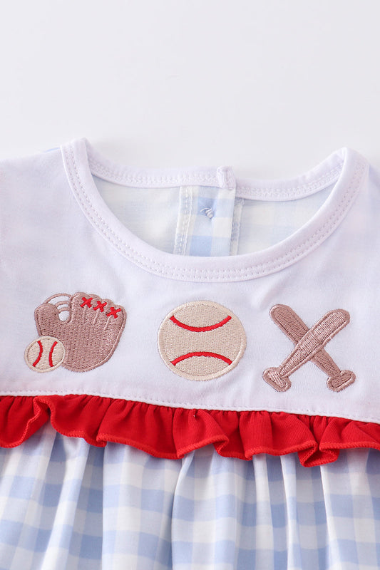 Blue plaid baseball embroidery girl set