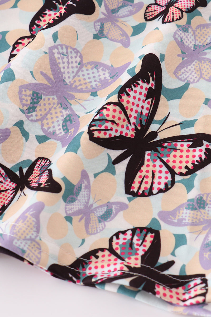 Purple butterfly print velvet dress