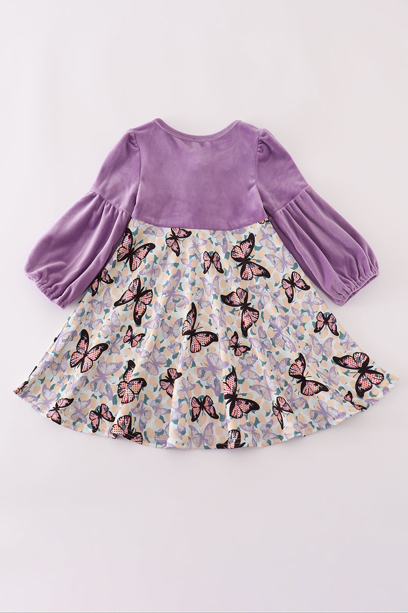 Purple butterfly print velvet dress